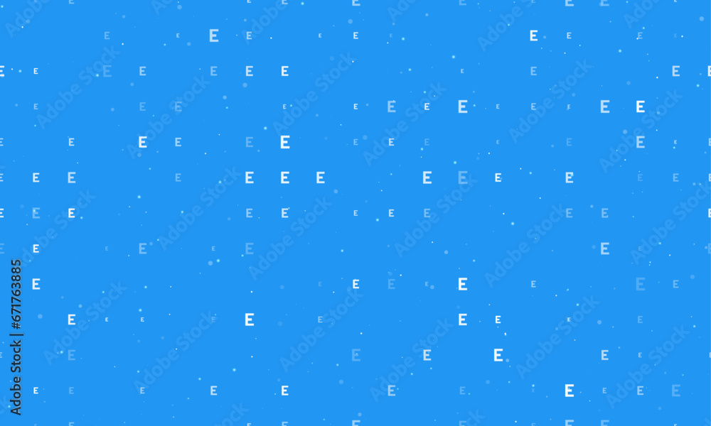 Seamless background pattern of evenly spaced white capital letter E symbols of different sizes and opacity. Vector illustration on blue background with stars