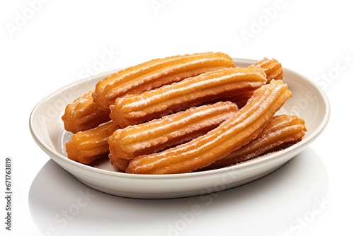 Churros on a plate isolated on white background. Ai generative