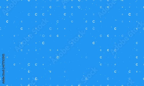 Seamless background pattern of evenly spaced white capital letter C symbols of different sizes and opacity. Vector illustration on blue background with stars