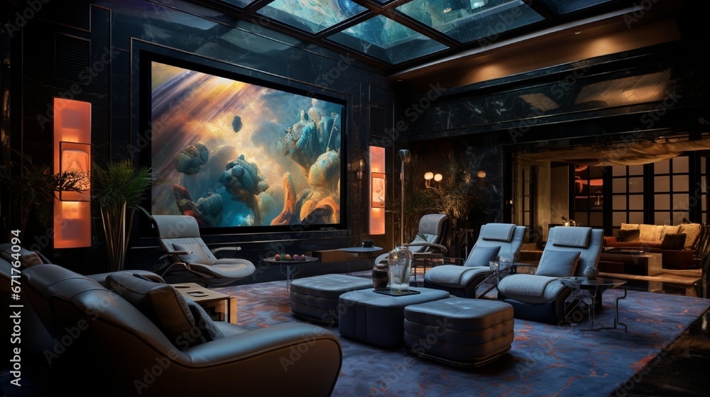 Fototapeta premium A plush home theater adorned with leather recliners, mood lighting, and a gargantuan screen.