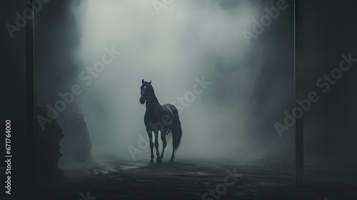  a horse standing in the middle of a foggy forest in the middle of a dark, foggy forest. generative ai