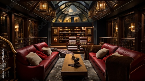 A plush home theater adorned with leather recliners, mood lighting, and a gargantuan screen. photo