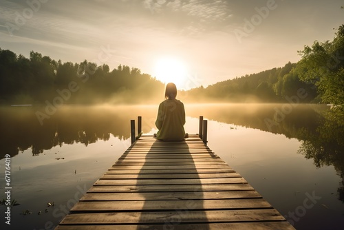 a person sitting on a dock looking at the sun