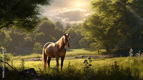  a painting of a horse standing in a field of grass with trees in the background and sun shining through the clouds.  generative ai © Anna