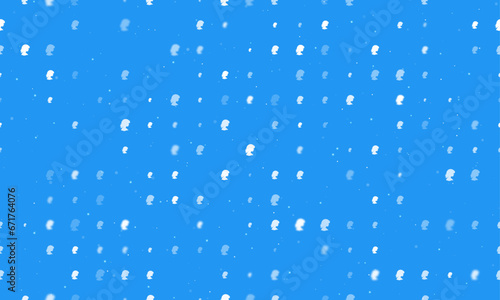 Seamless background pattern of evenly spaced white woman face profile symbols of different sizes and opacity. Vector illustration on blue background with stars