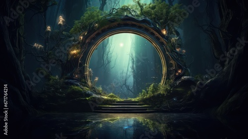   Dark mysterious forest with a magical magic mirror  a portal to another world. Night fantasy forest. 3D illustration
