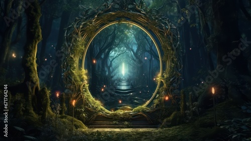   Dark mysterious forest with a magical magic mirror  a portal to another world. Night fantasy forest. 3D illustration