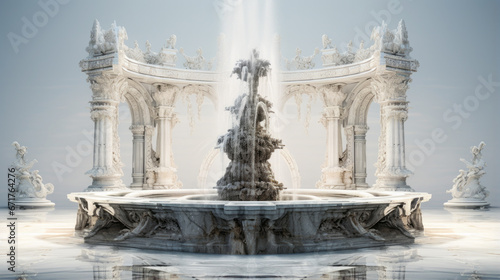 An intricately designed fountain with a series of tiers of gleaming marble