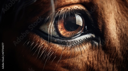  a close up of a horse's eye with brown and white stripes on it's face and a black background.  generative ai © Anna