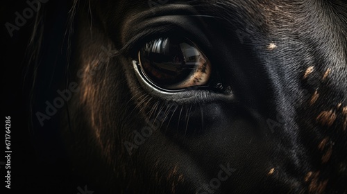  a close up of a horse's eye with spots all over the horse's face and eye lashes.  generative ai
