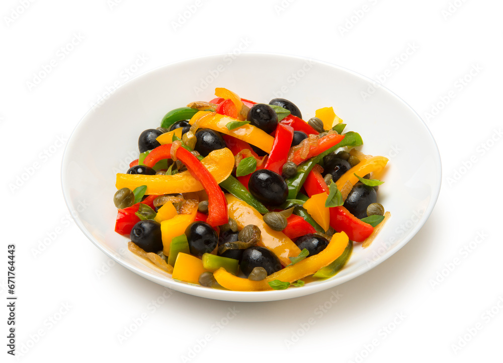 Roasted bell peppers with olives and capers in a salad bowl isolated on white background Roasted bell peppers with olives and capers in a salad bowl isolated on white background