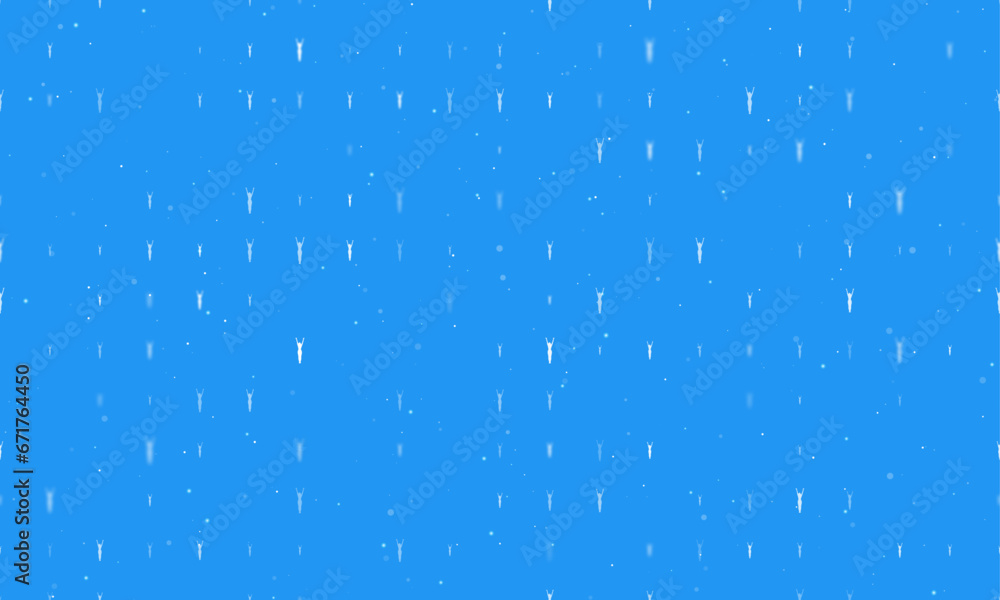 Seamless background pattern of evenly spaced white woman stretches symbols of different sizes and opacity. Vector illustration on blue background with stars Seamless background pattern of evenly spaced white woman stretches symbols of different sizes and opacity. Vector illustration on blue background with stars