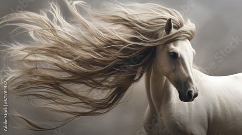  a painting of a white horse with its hair blowing in the wind in front of a black background with a white horse in the foreground.  generative ai © Anna