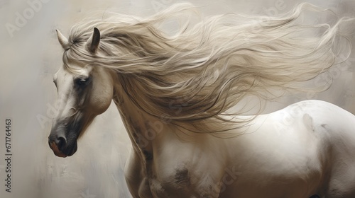  a painting of a white horse with its hair blowing in front of it s face and back of it s head.  generative ai