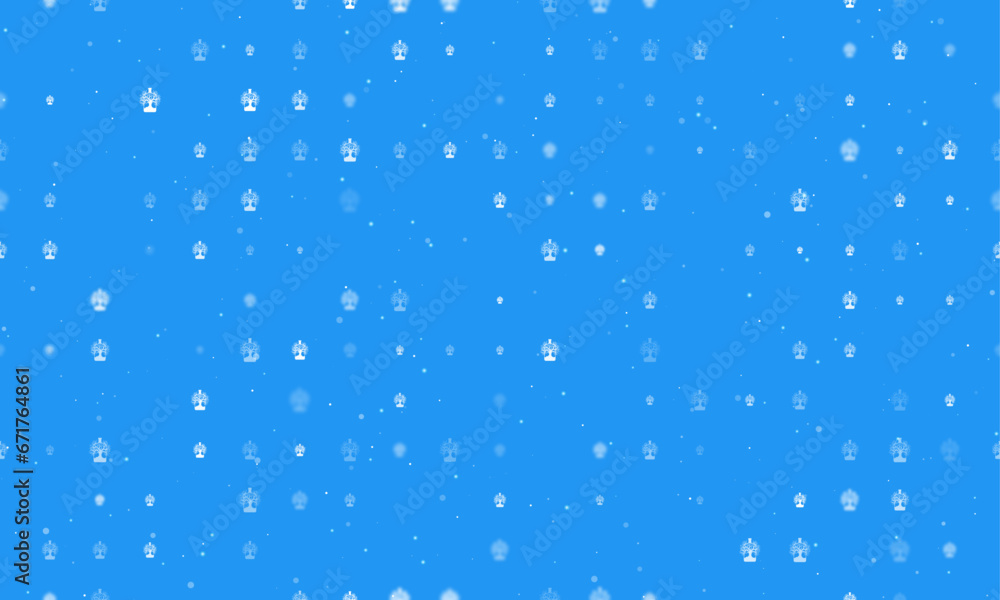 Seamless background pattern of evenly spaced white mystical tree in bottle symbols of different sizes and opacity. Vector illustration on blue background with stars Seamless background pattern of evenly spaced white mystical tree in bottle symbols of different sizes and opacity. Vector illustration on blue background with stars