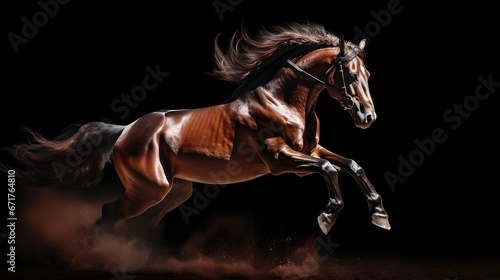  a horse is galloping in the dark with it s front legs in the air and it s front legs in the air.  generative ai