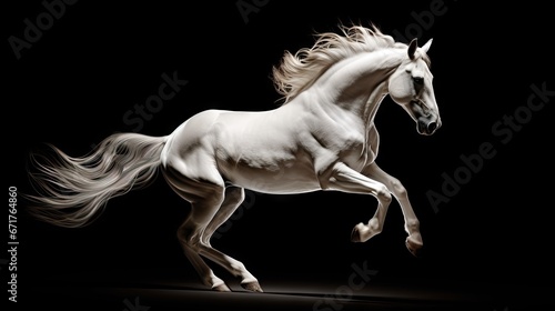  a white horse is galloping in the dark with its tail in the air and it s back legs in the air.  generative ai