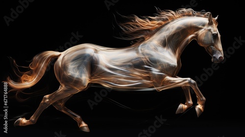 Fotografia a blurry photo of a horse running on its hind legs, with its hair blowing in the wind, on a black background