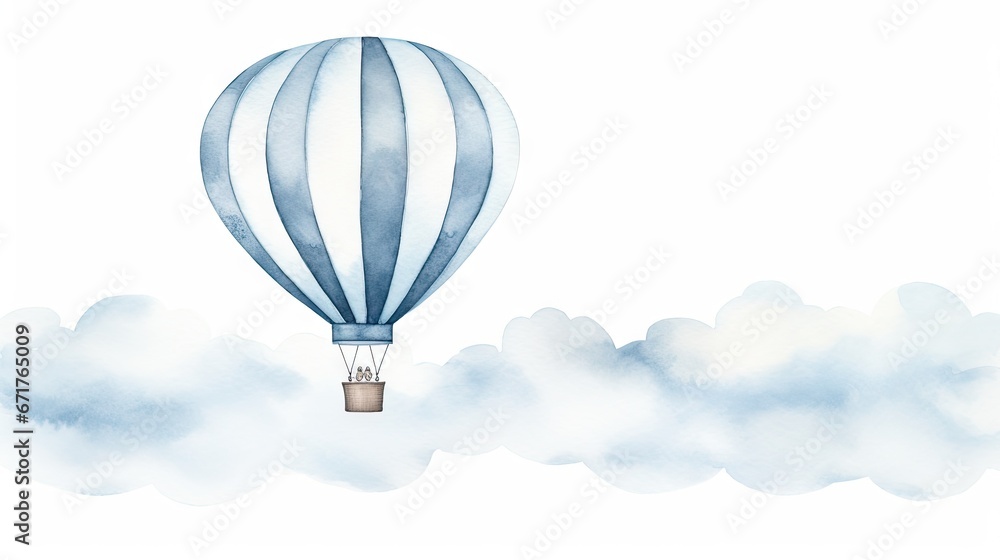 Fototapeta premium a watercolor painting of a hot air balloon flying in the sky with a cloud of blue and white around it. generative ai