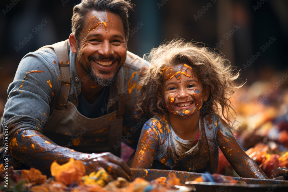 A father and daughter share a vibrant moment, their faces adorned with paint, laughter echoing love and joy