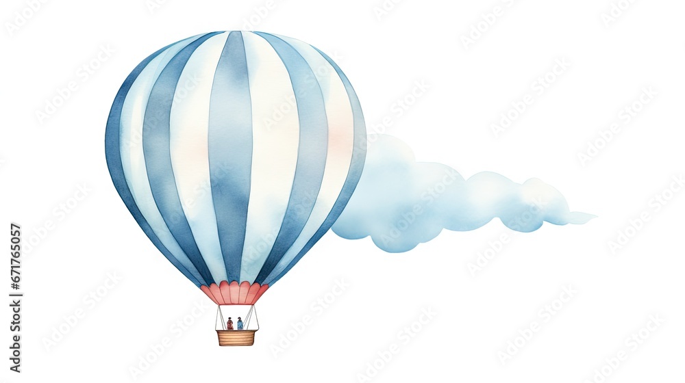 Obraz premium a blue and white striped hot air balloon with smoke coming out of it's side, on a white background. generative ai