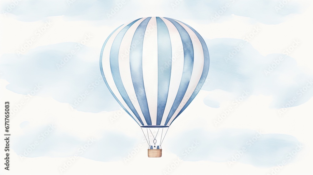 Fototapeta premium a blue and white striped hot air balloon flying in the sky with clouds in the back ground and a blue and white striped balloon. generative ai