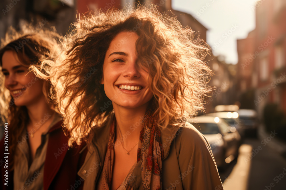 Woman with sun-kissed curls laughs freely