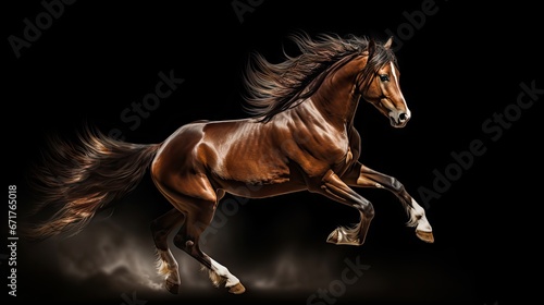  a brown horse is galloping on its hind legs with its tail in the air and it s back legs in the air.  generative ai