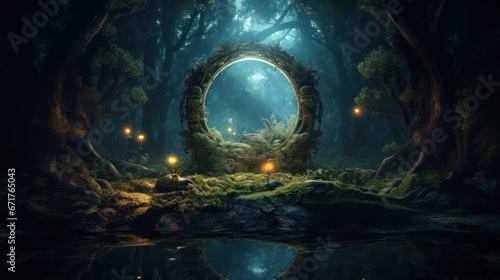 Dark mysterious forest with a magical magic mirror  a portal to another world. Night fantasy forest. 3D illustration