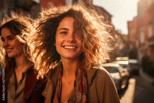 Woman with sun-kissed curls laughs freely