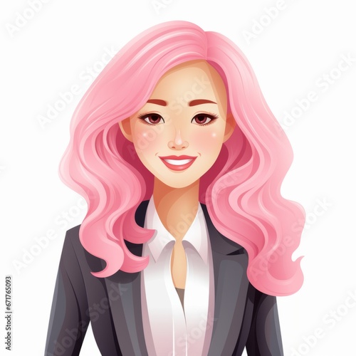 Smiling Teen Chinese Woman with Pink Straight Hair Flat Illustration. Portrait of Business Character on white background. Business Person in Casual Clothes. Ai Generated Square Cartoon Illustration.
