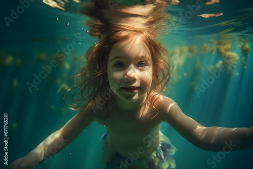 a girl swimming underwater with her hair up