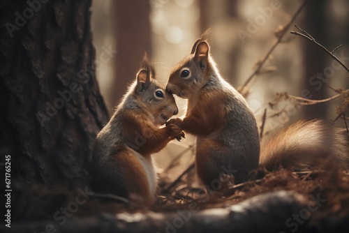 Squirrels in the autumn forest. Squirrels in autumn forest. squirrel couple. Generative AI. photo