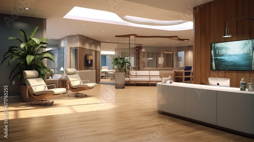 A reception area with an expansive desk  a wall-mounted flat-screen TV  and modern  ergonomic chairs for waiting patients.