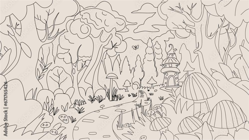 Forest line art design for coloring book