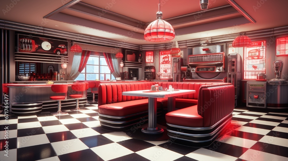 A retro-themed diner featuring a black-and-white checkered floor, red leather booths, and a jukebox in the corner.