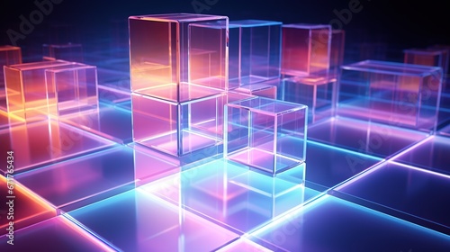 Luminous Elegance Shiny neon cube stacks in three dimension Shapes. AI generated image © orendesain99
