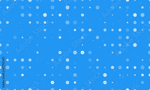 Seamless background pattern of evenly spaced white milling disc symbols of different sizes and opacity. Vector illustration on blue background with stars