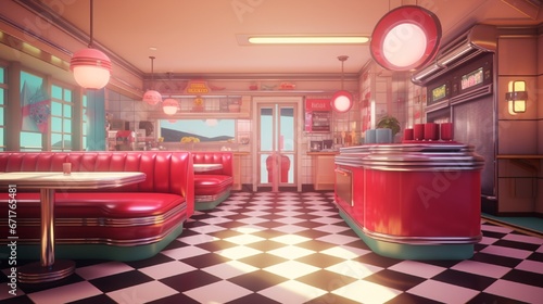 A retro diner, featuring a checkered floor, booth seating, and a classic jukebox. © PhotoFusionist 