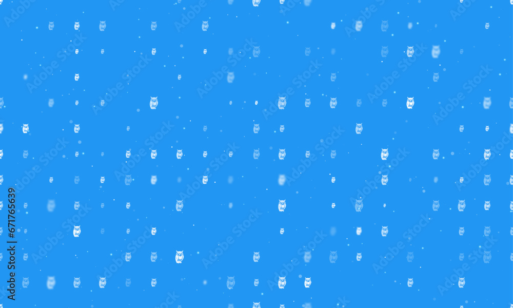 Seamless background pattern of evenly spaced white owl symbols of different sizes and opacity. Vector illustration on blue background with stars