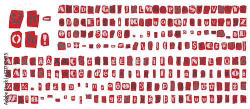 Ransom halftone collage style letters numbers and punctuation marks cut from newspapers and magazines. Vintage ABC collection. Red, black and white alphabet Typography vector illustration