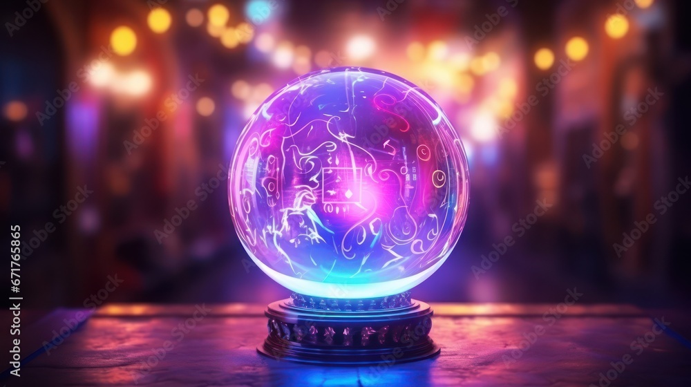 Magic glass ball. Neon light, neon. Fantasy ball, predictions of the future, divination - obrazy, fototapety, plakaty 