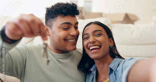 House, keys and couple selfie with smile and excited from real estate investment in a home. Happy, love and achievement with picture for social media post and memory from mortgage and loan success