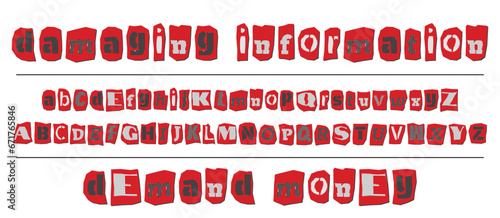 Ransom halftone collage style letters numbers and punctuation marks cut from newspapers and magazines. Vintage ABC collection. Red, black and white alphabet Typography vector illustration