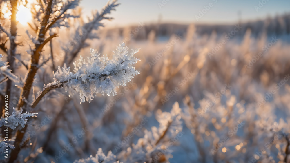 snow covered branches of tree,  morning in the forest, nature illustration