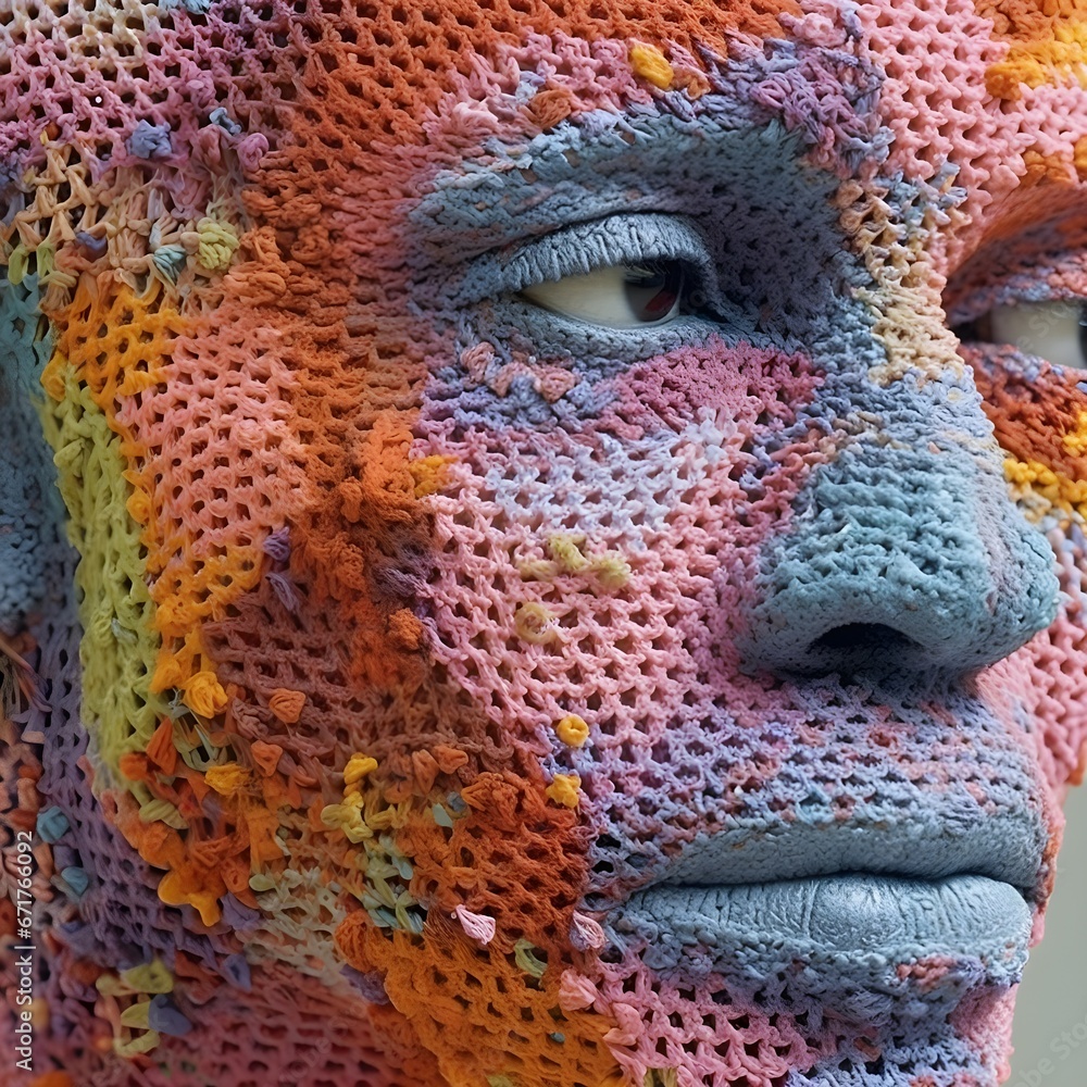 a person with colorful crochet on face