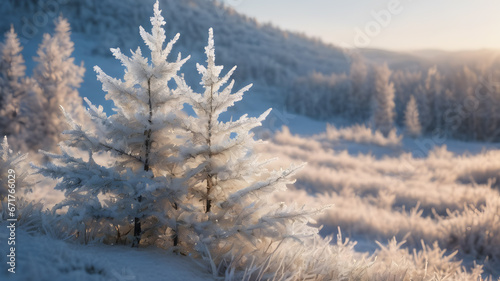snow covered branches of tree, morning in the forest, nature illustration