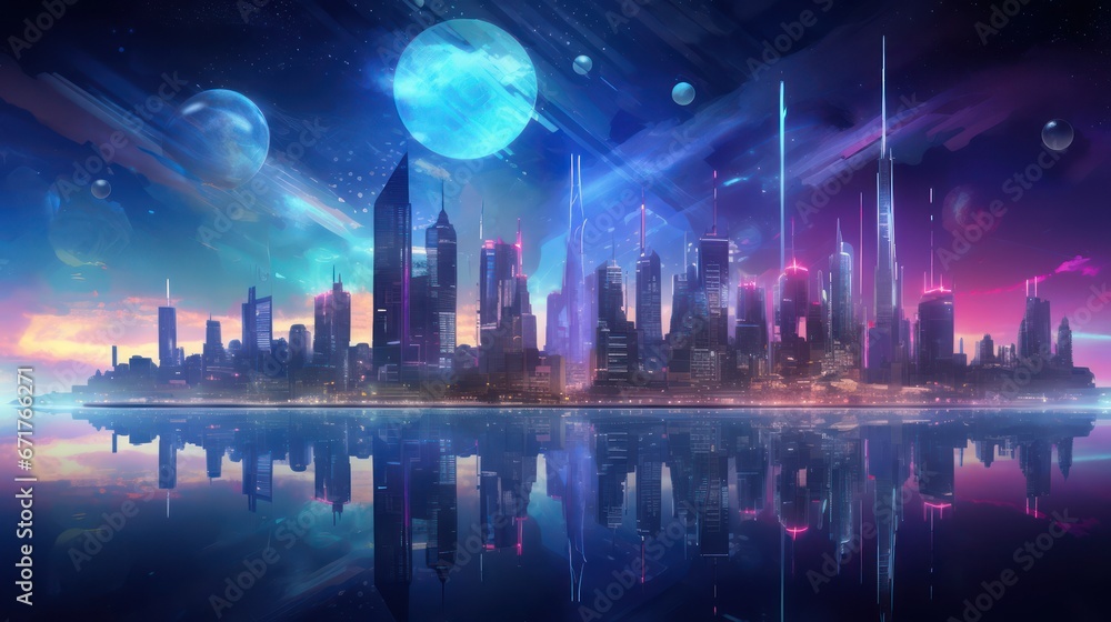 Neon night city of the future. Night panorama of the city, neon light, lights of a large metropolis, high-rise buildings. 3D illustration