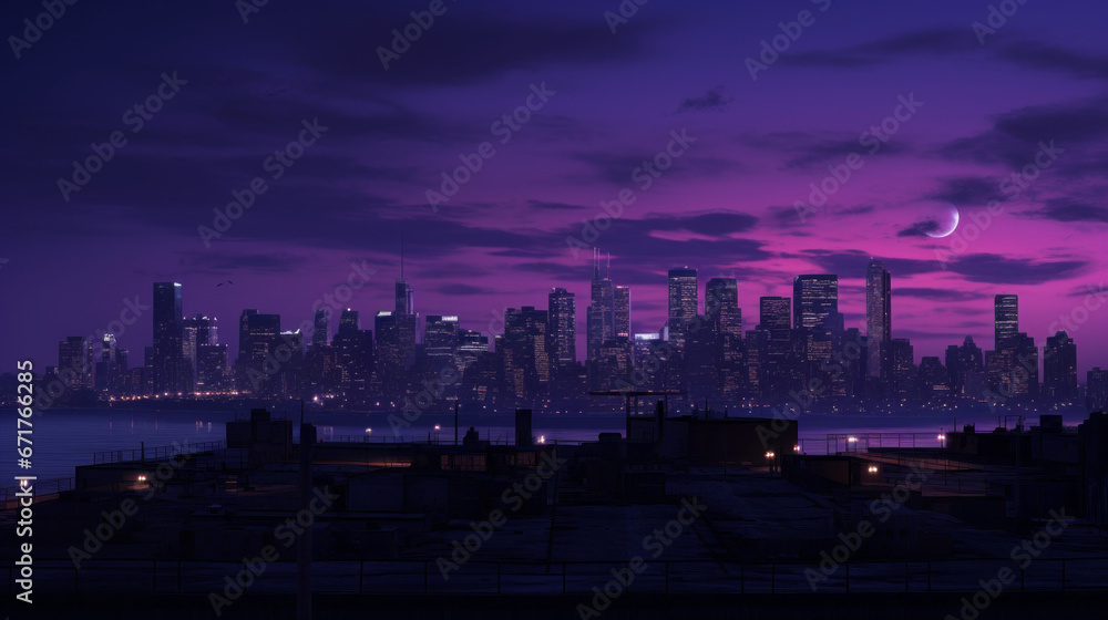 An industrial cityscape glows in the twilight, with the tall buildings silhouetted against a deep purple sky The streets are empty, but the lights from the buildings give the city a vibrant feel