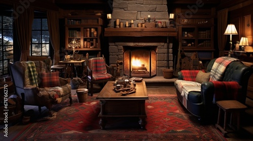 A rustic cabina??s living room replete with a roaring fireplace, handwoven rugs, and antique furnishings. photo